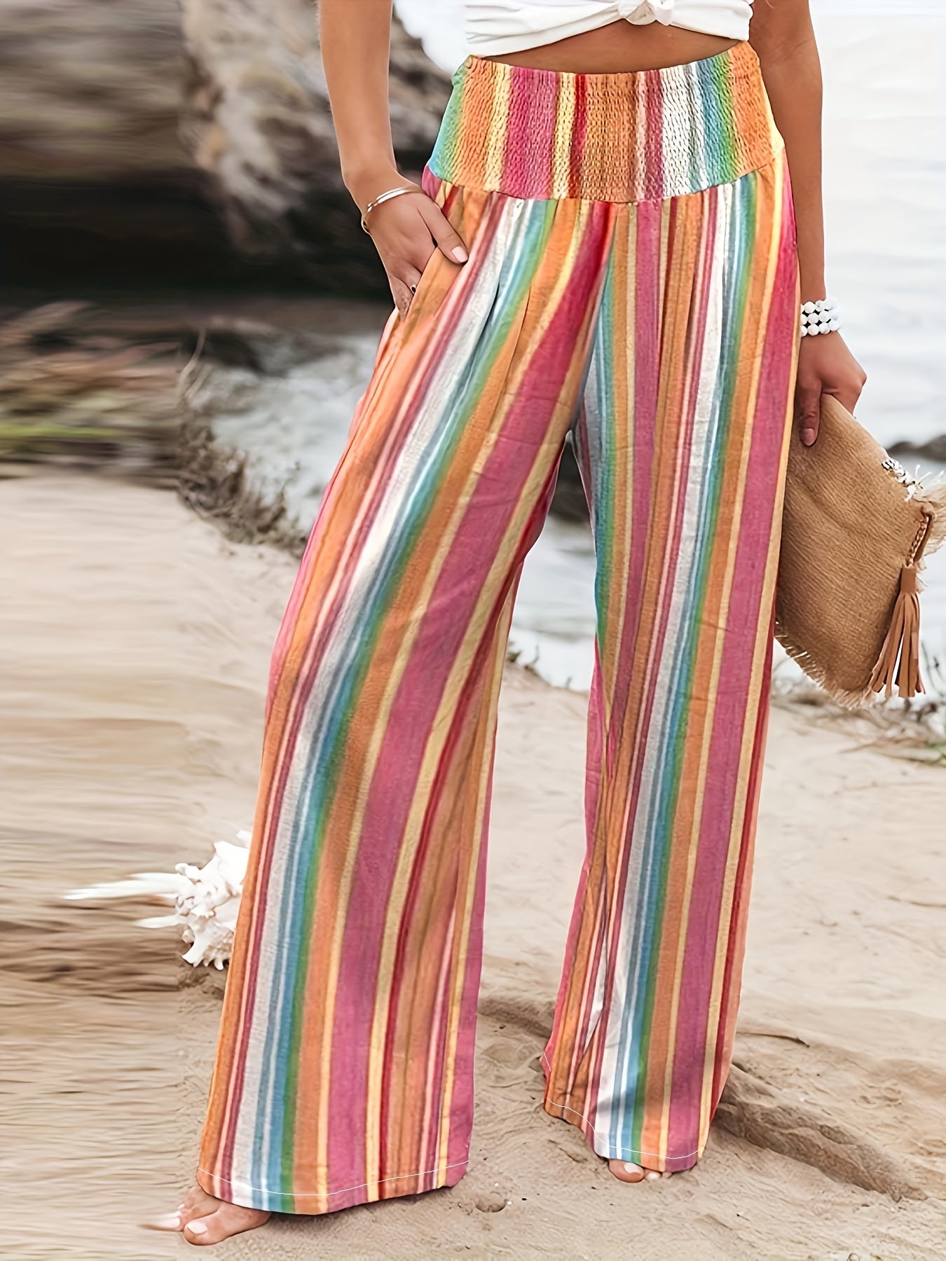  Boho Pants Women's Plus Colorblock Stripe Print Wide Leg Trousers