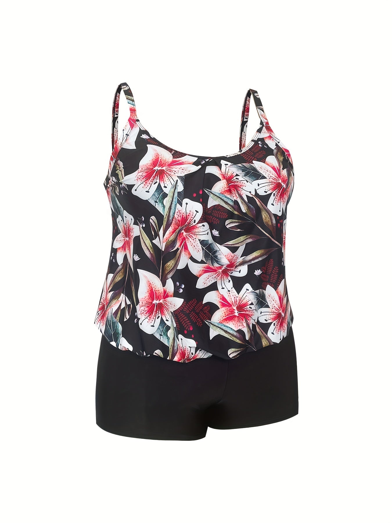 Floral Ribbed Tank Top & Solid Shorts Swimsuit Set
