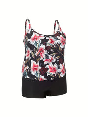 Floral Ribbed Tank Top & Solid Shorts Swimsuit Set