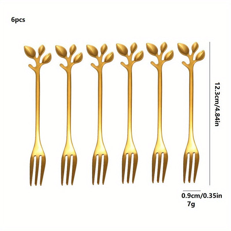 6-Piece Stainless Steel Cutlery Set - Milk Spoon, Salad Fork, Leaf Shaped