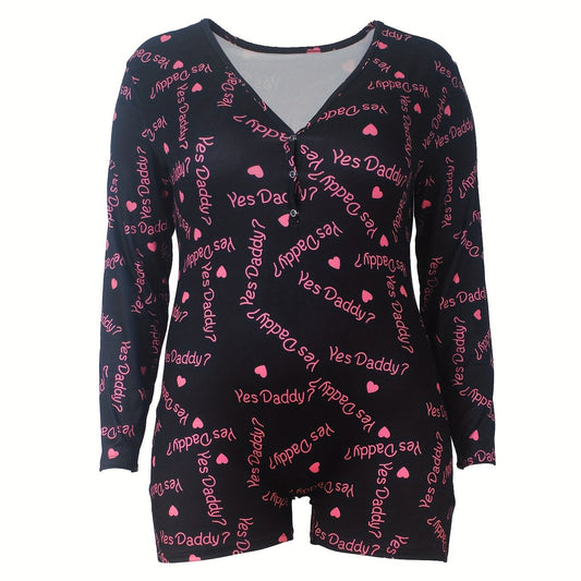  Sexy Lounge Romper Women's Plus Heart & Letter Print Long Sleeve