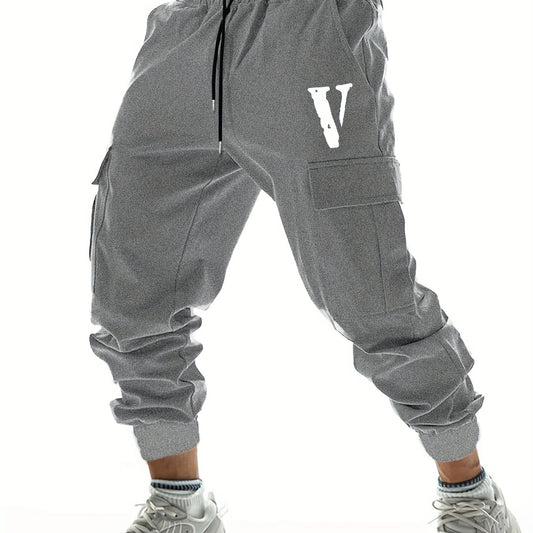 Retro Style V Letter Print Casual Cargo Pants