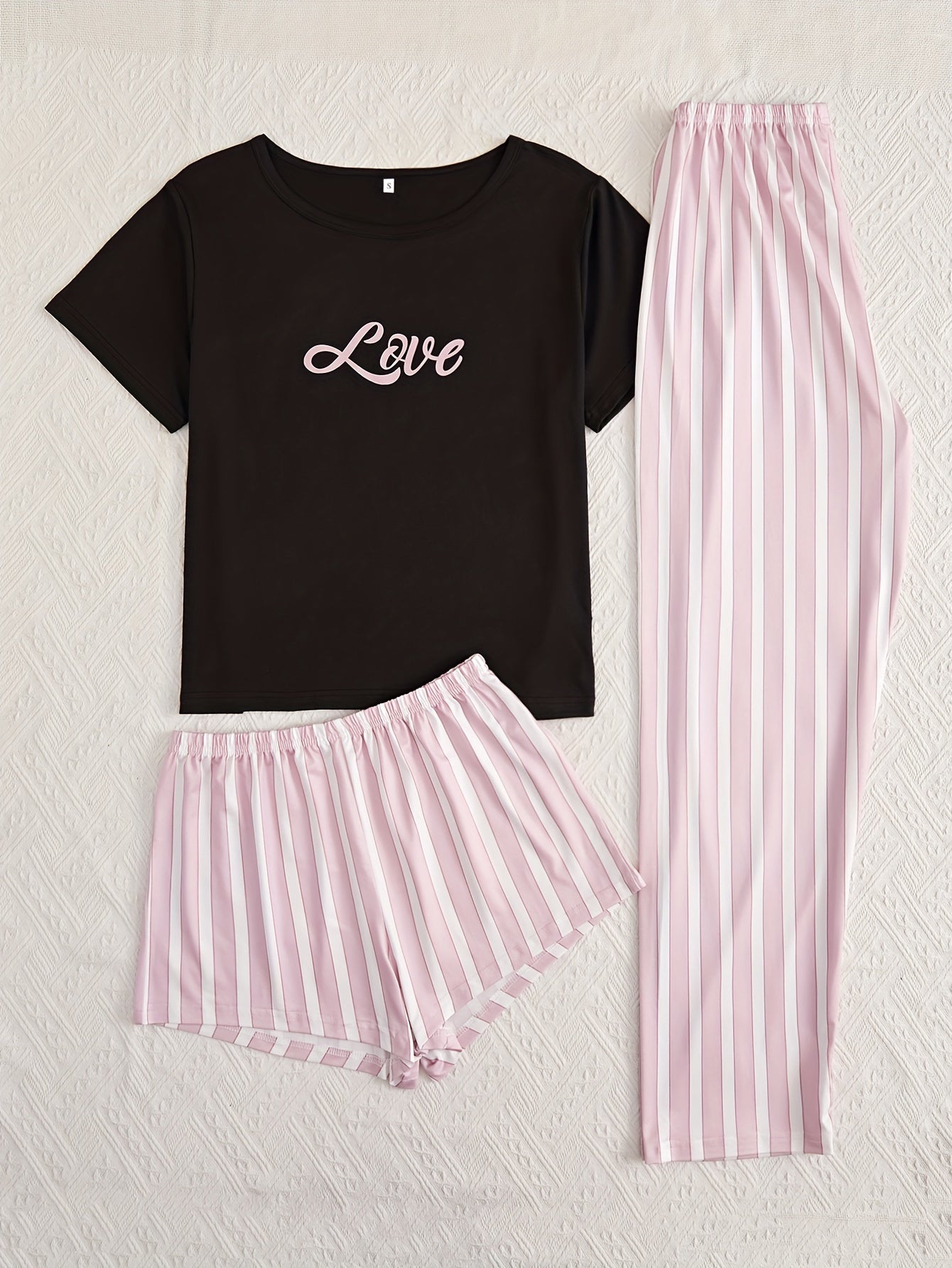 Letter Print Pajamas Set Short Sleeve Top & Striped Shorts & Pants