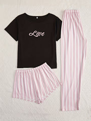 Letter Print Pajamas Set Short Sleeve Top & Striped Shorts & Pants