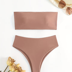 Solid Bandeau Tie Back Bikini Sets High Cut Two Pieces Swimsuit Women's Swimwear