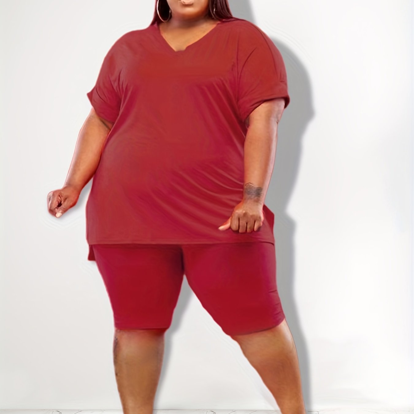  Solid Short Sleeve V Neck Split Tee & Shorts Set