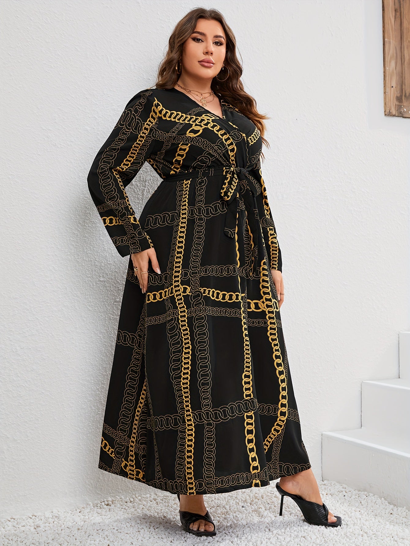  Chian Print Long Sleeve Surplice Neck Stretch Maxi Dress