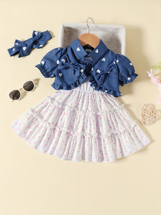 3pcs Girls Polka Dot Top & Dress Set with Headband