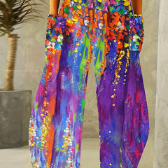  Boho Tie Dye Floral Wide Leg Pants With Pockets