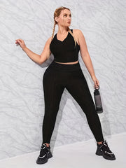  Plain Honeycomb Pattern Tank Crop Top & Leggings Sports Outfit Set