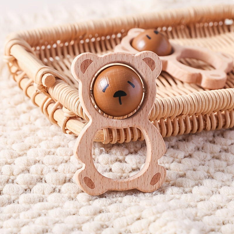 Wooden Bear Rattle for Babies Face Changing Cartoon Toy