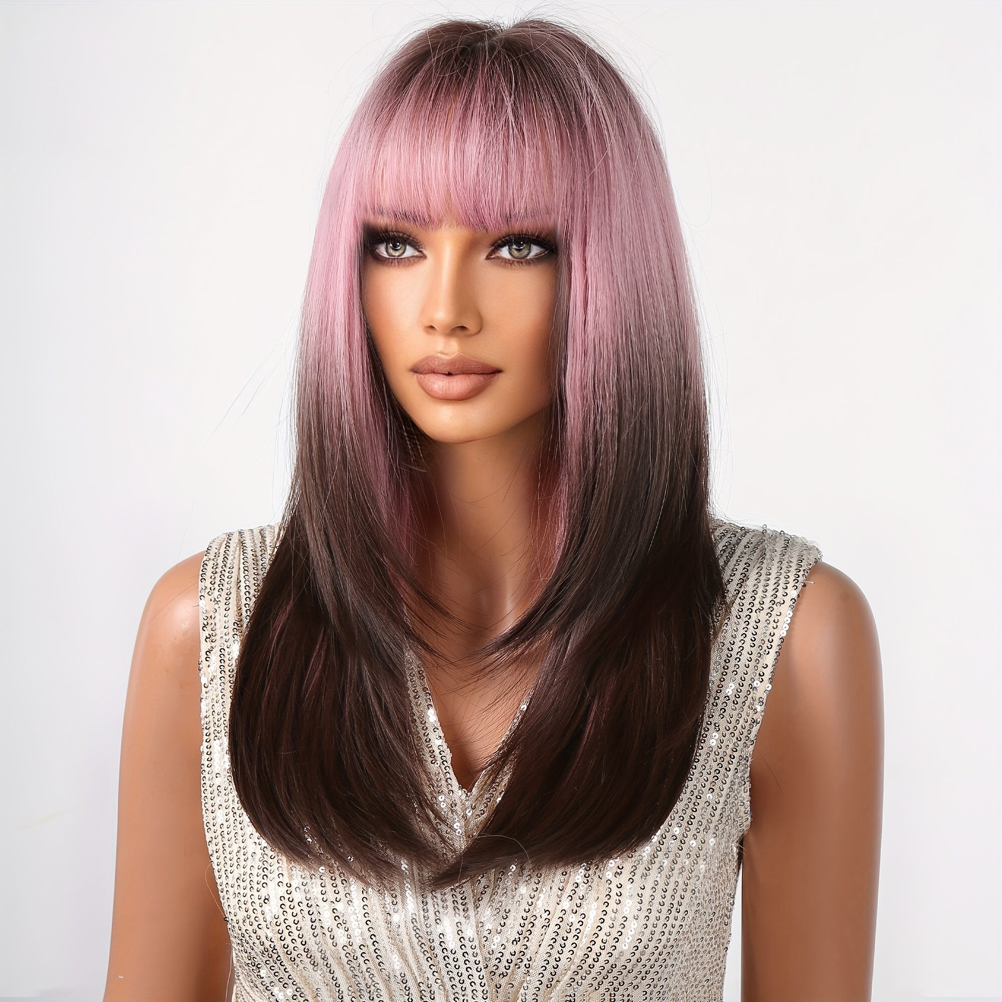 Ombre to Deep Brown Straight Hair with Bangs Wig for Women Girls