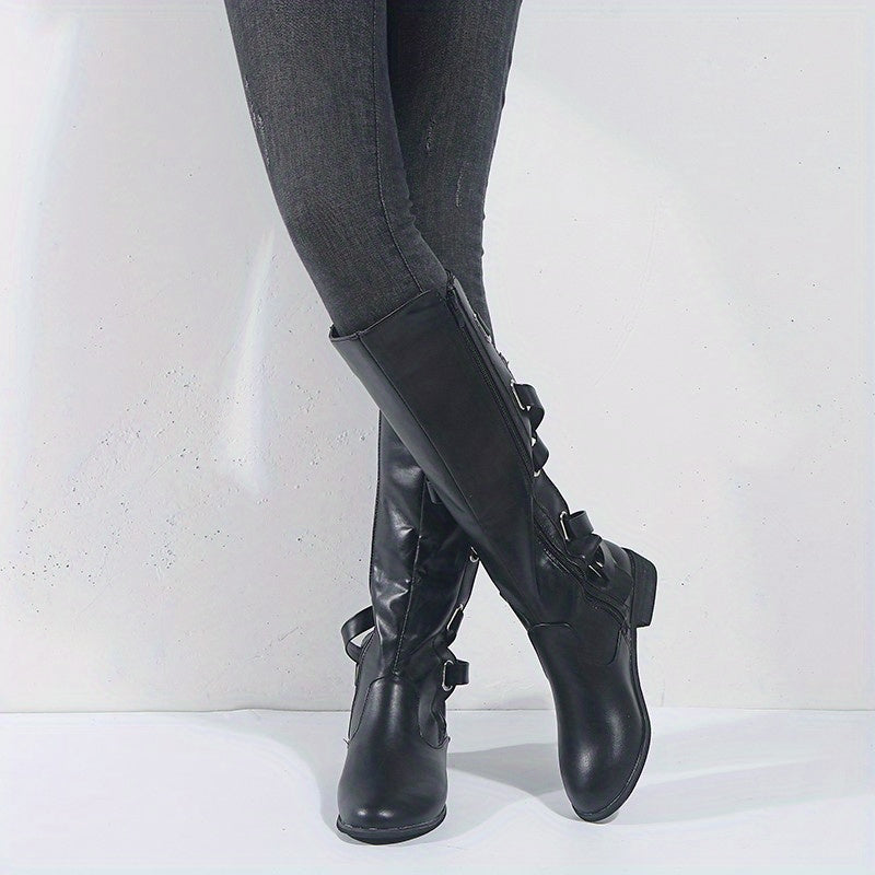 Women's Flat Knee High Boots Back Lace Up Cross Strap Side Zipper Long Boots