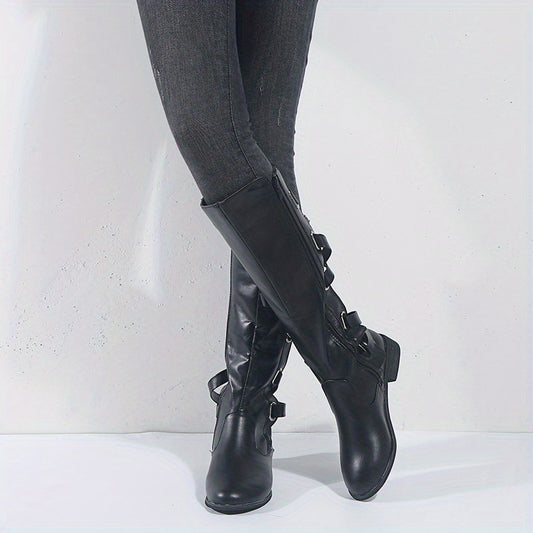 Women's Flat Knee High Boots Back Lace Up Cross Strap Side Zipper Long Boots
