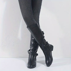 Women's Flat Knee High Boots Back Lace Up Cross Strap Side Zipper Long Boots