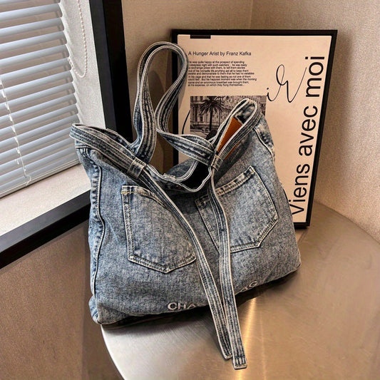 Denim Tote Bag Large Capacity Handbag Double Handle Shopping Shoulder Bag