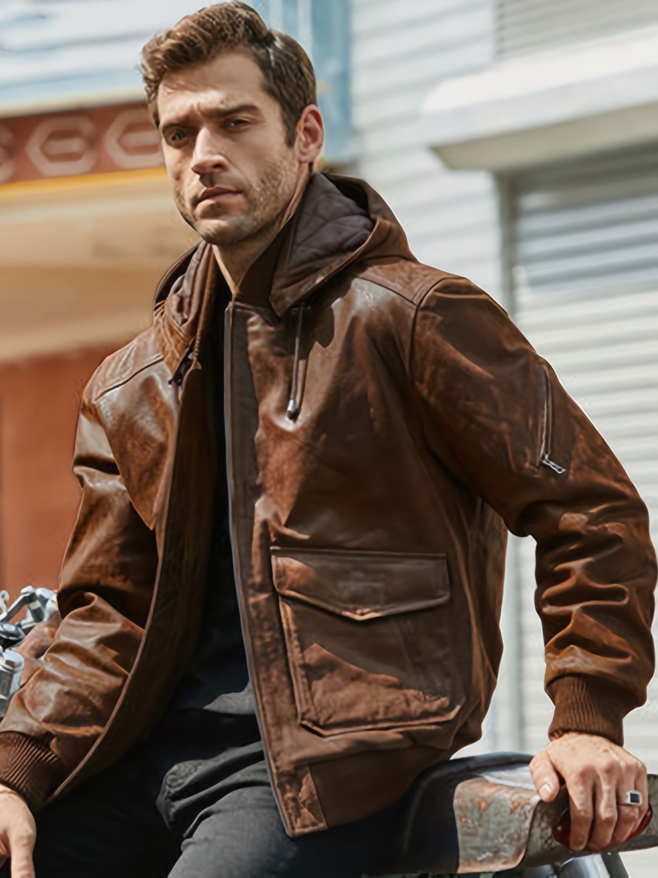 Men's Faux Leather Motorcycle Jacket Stand Collar with Hood