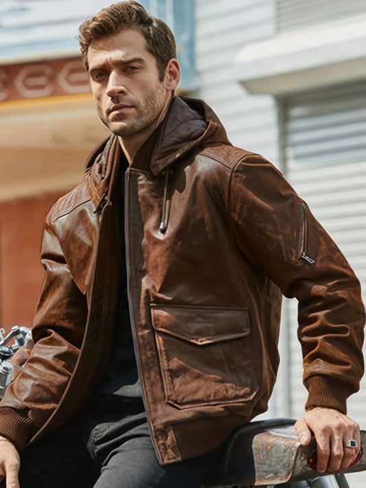 Men's Faux Leather Motorcycle Jacket Stand Collar with Hood