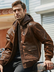 Men's Faux Leather Motorcycle Jacket Stand Collar with Hood