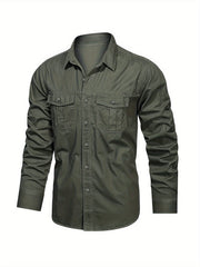 Men's Solid Cargo Shirts Casual Button Up Long Sleeve Shirt