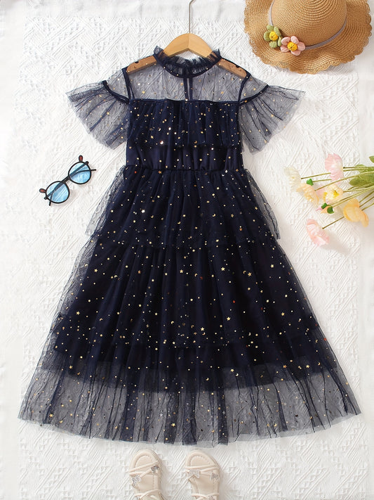 Girls Stars Ruffles Frill Neck Tulle Princess Dress Kids Summer Clothes