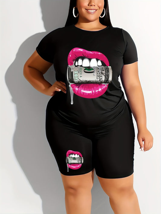  Casual Outfit 2 Piece Set Women's Plus Cartoon Crop Top