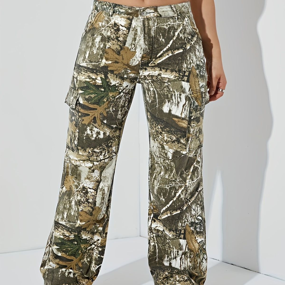  Retro Jeans Women's Plus Leaf Print Cargo Denim Pants