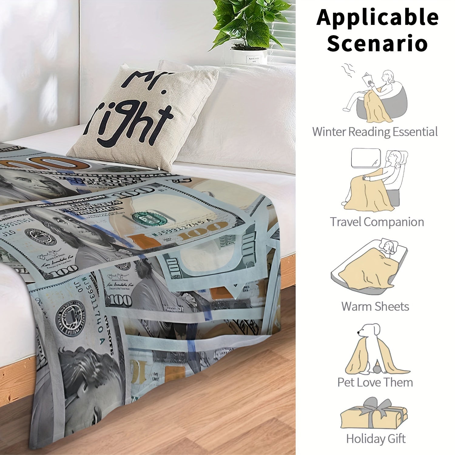 US Dollar Bill Pattern Blanket - Cozy Home and Travel Blanket