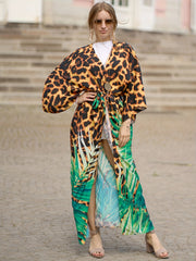  Boho Cover Up Women's Plus Leopard & Floral Print Belted Wrap