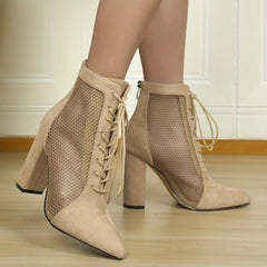 Mesh Block Heel Boots Lace Up Zipper Sandals