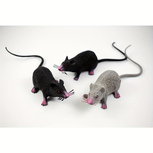 3pcs Mini Mouse Pups Realistic Plastic Toys Grey Fur Pink Accents Glowing Eyes