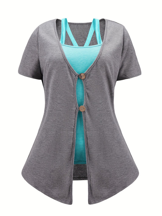  Solid Round Neck Cami Top & Tee Set