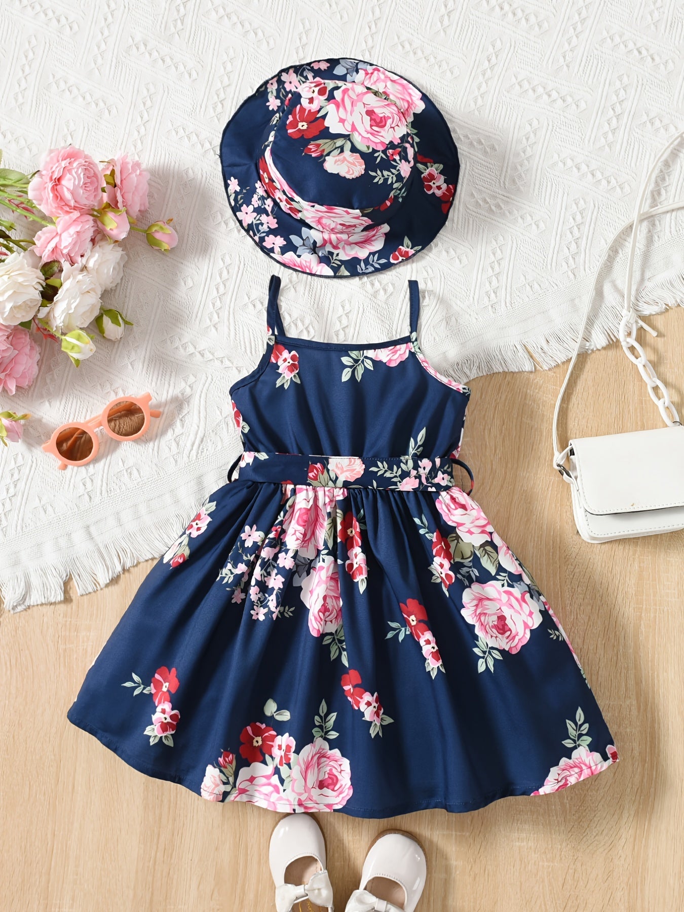Girls Casual Floral Print Cami Dress 2PCS Set