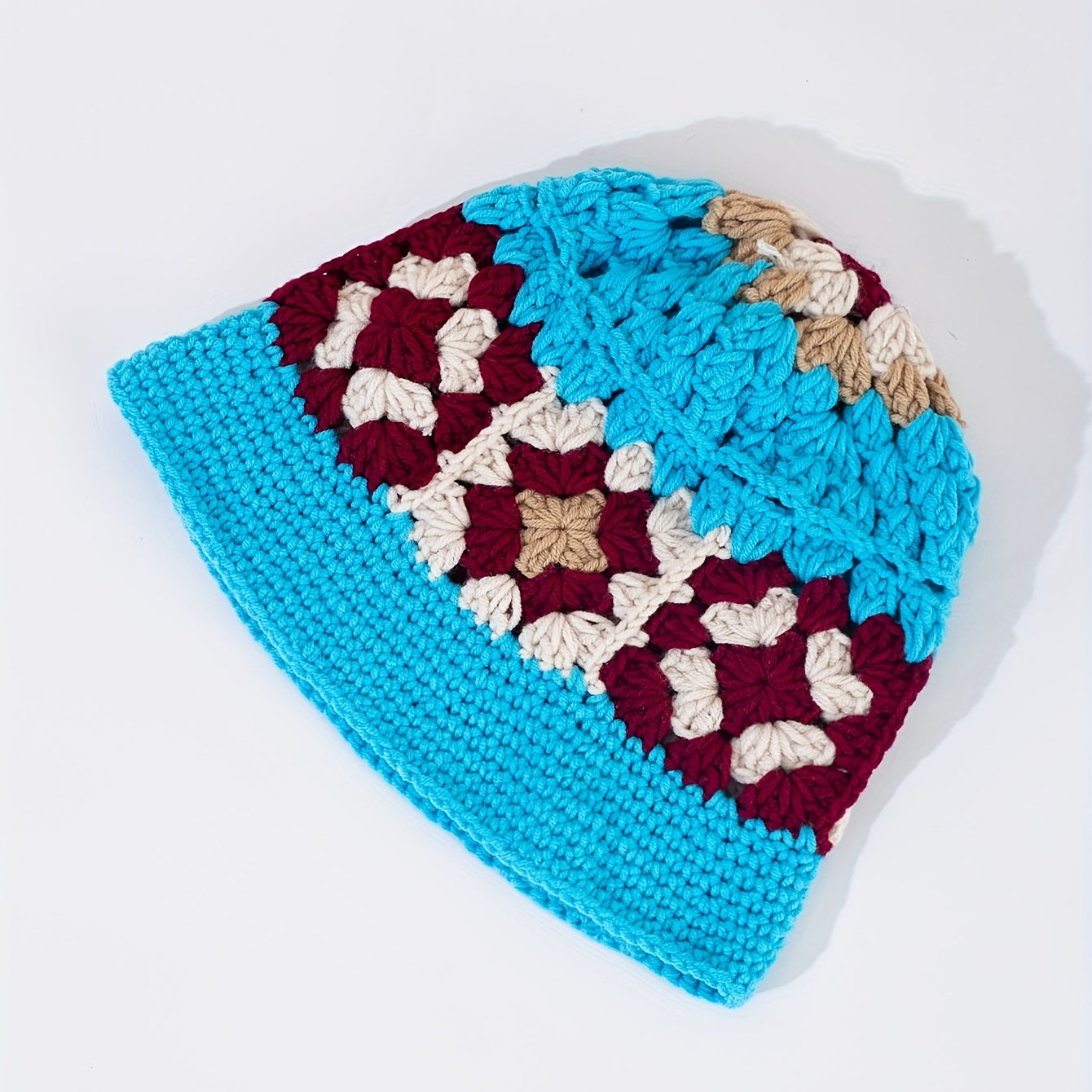 Flower Crochet Bucket Hat Knitted Hollow Cloche Hat Bright Block