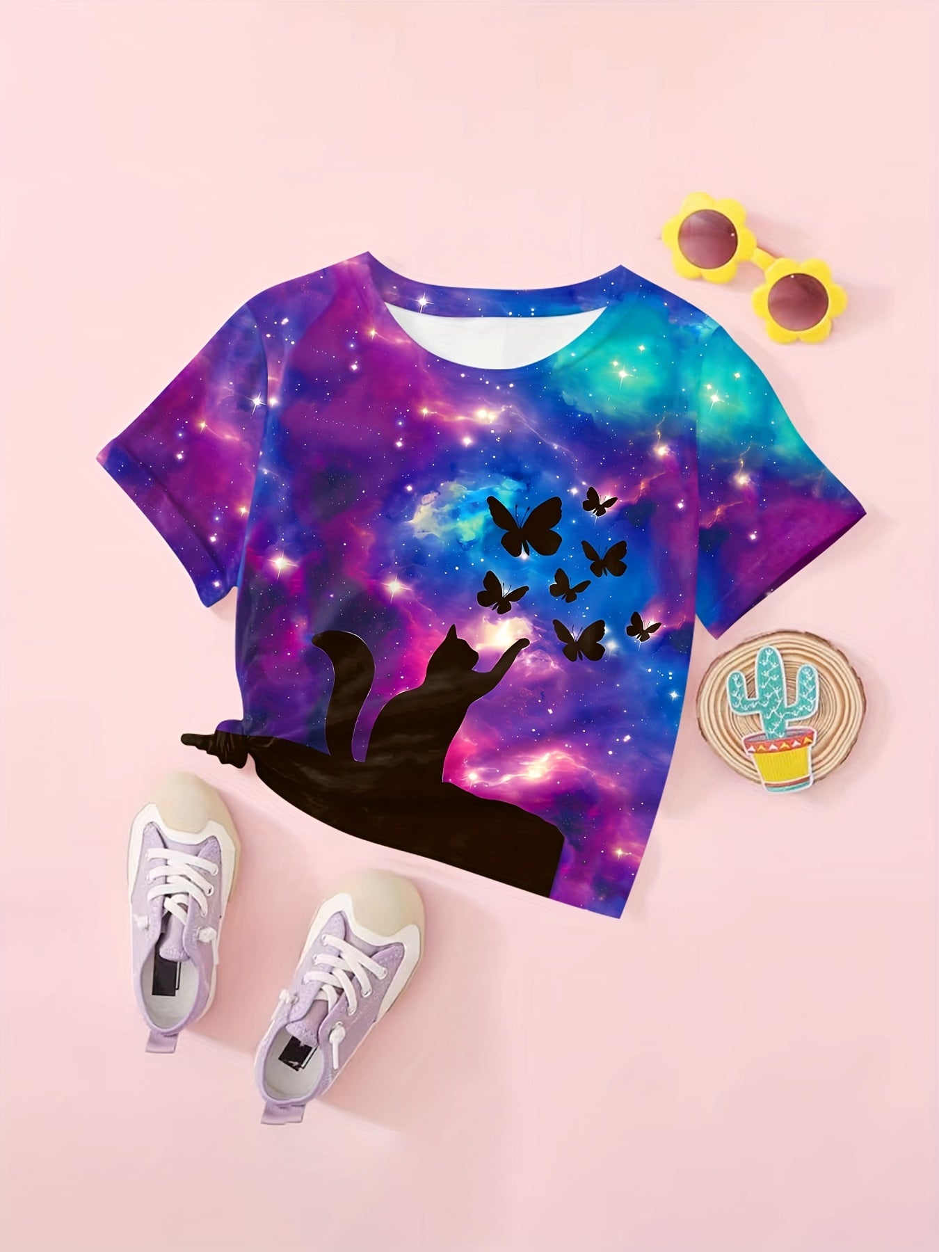 Girls Starry Sky & Kitty & Butterfly Print Short Sleeve T shirt
