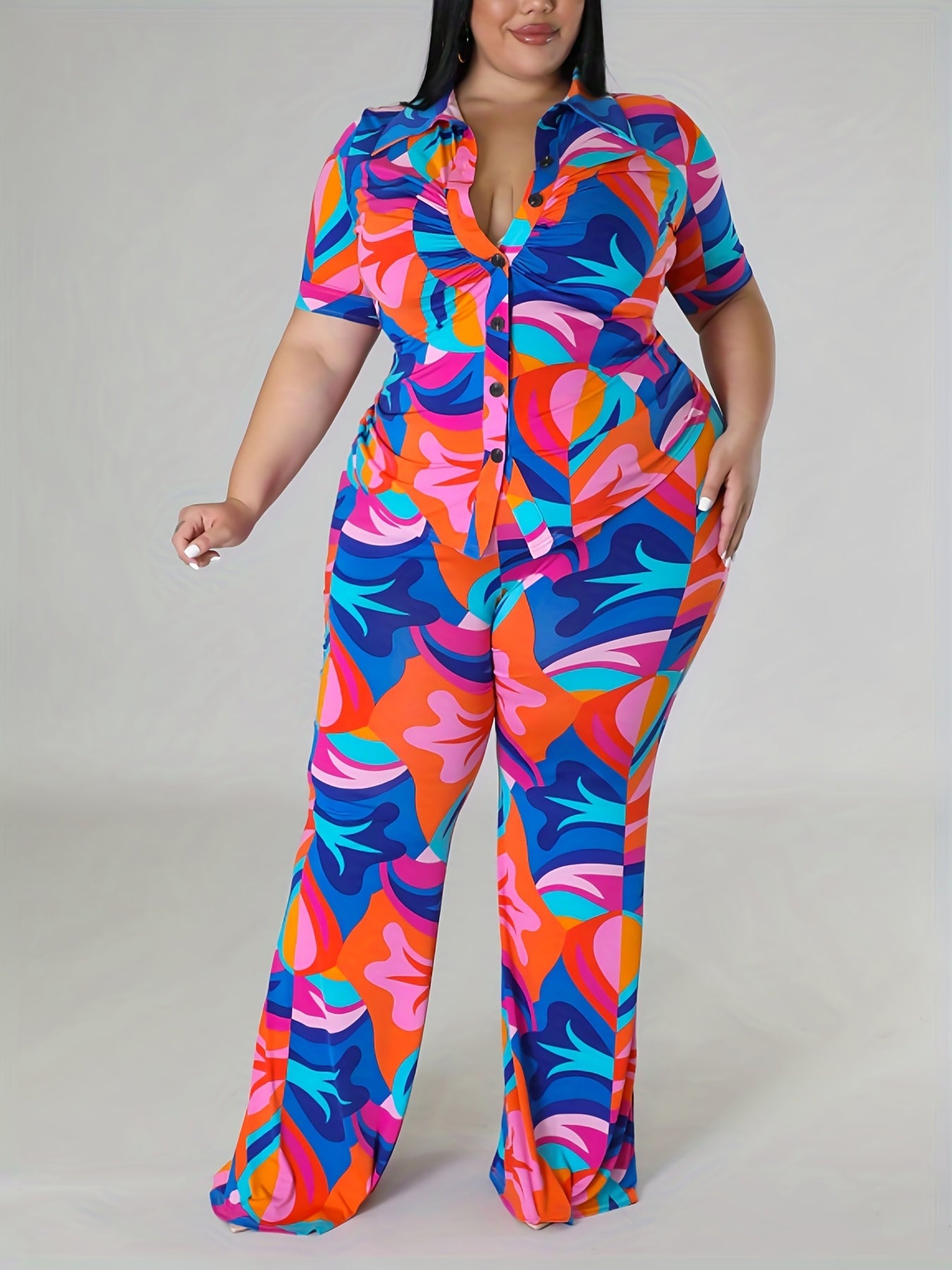  Tropical Print Blouse & Wide Leg Pants Set