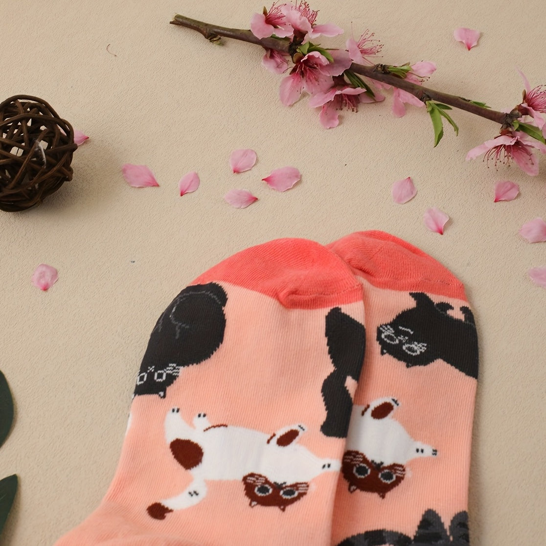Cartoon Cat Print Socks Women's Mid Tube Stockings