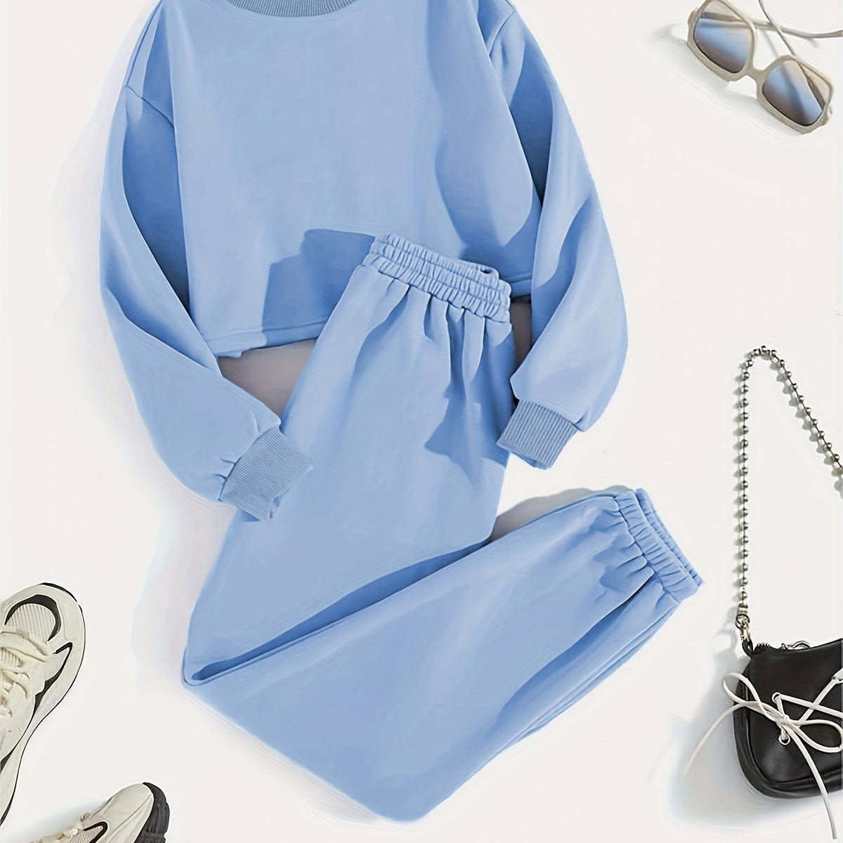  Solid Fleece Sweatshirt & Jogger Set
