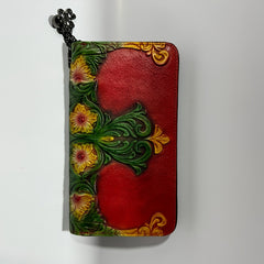 Vintage Floral Print Leather Women's Wallet with Wrist Strap Red