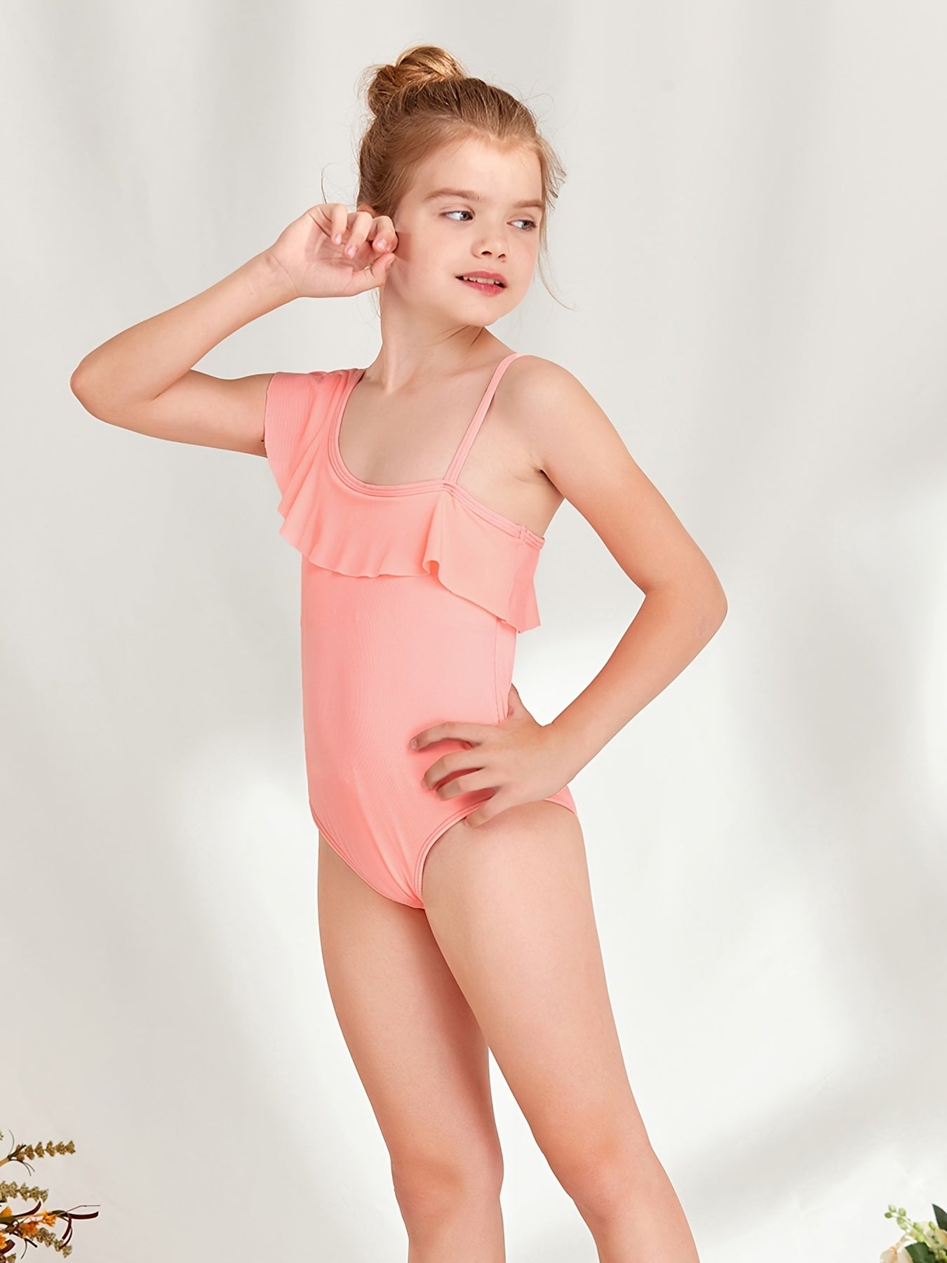 Toddler Girls One Piece Swimsuit Ruffle Trim Asymmetrical Neck