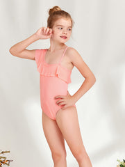 Toddler Girls One Piece Swimsuit Ruffle Trim Asymmetrical Neck