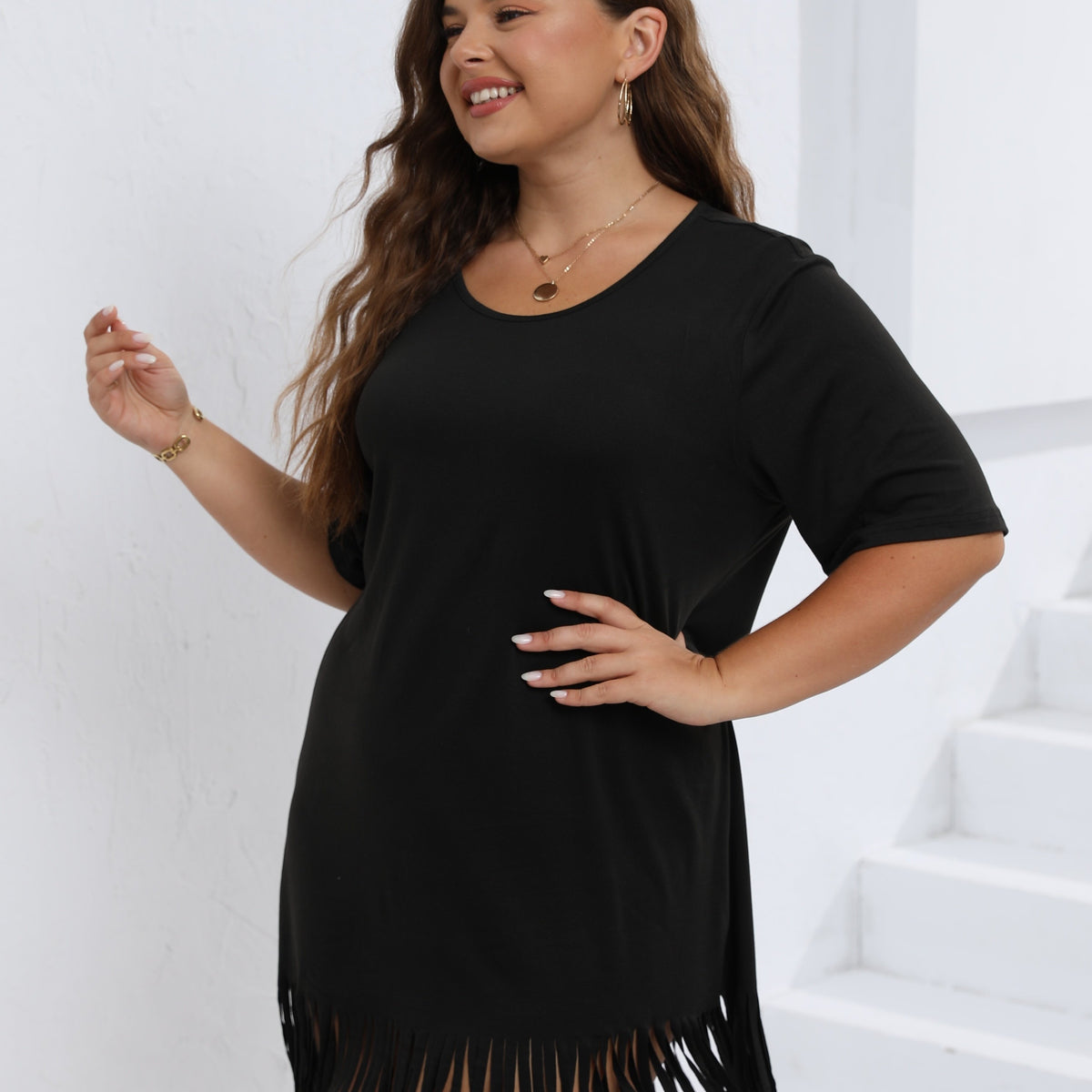  Casual Mini Dress Solid Short Sleeve Round Neck Fringe Trim