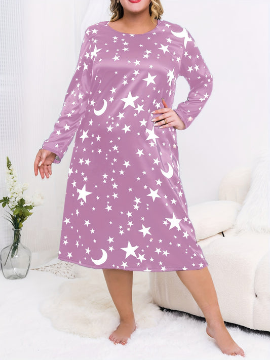  Star & Moon Print Long Sleeve Nightdress