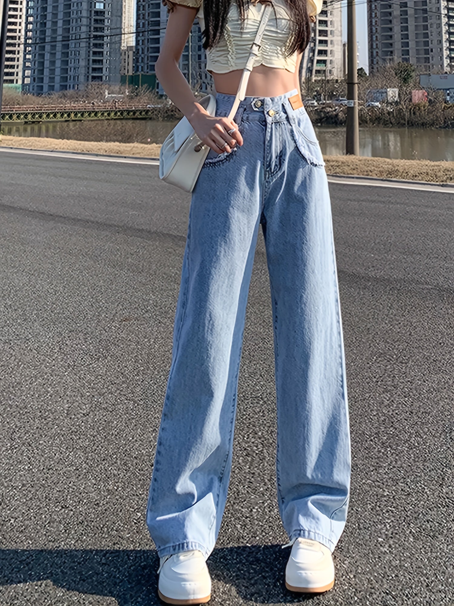 High Waist Loose Fit Straight Jeans Non Stretch High Rise Denim Pants