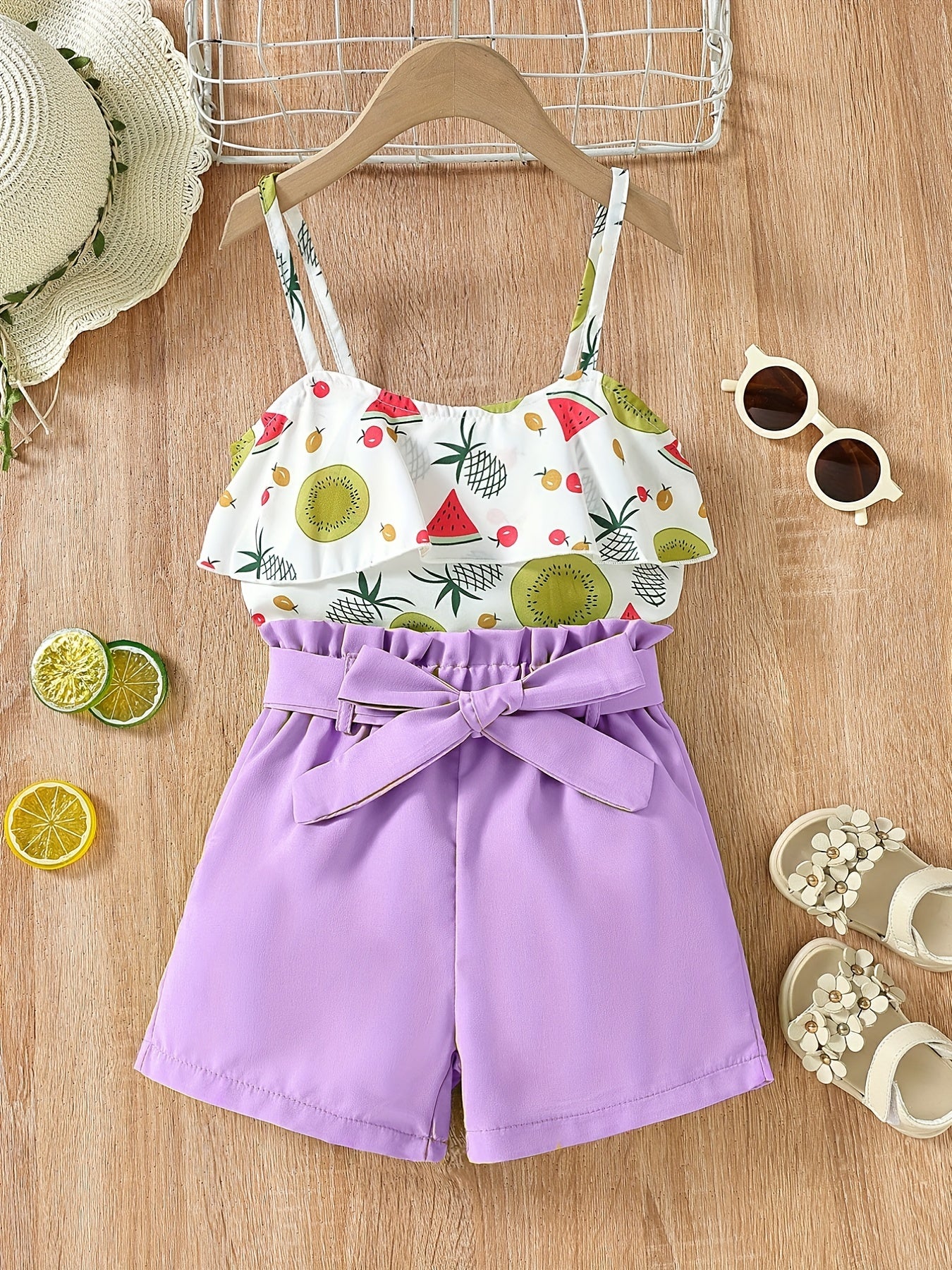 Girls Fruit Print Ruffle Cami Tops And Shorts Set