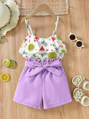 Girls Fruit Print Ruffle Cami Tops And Shorts Set