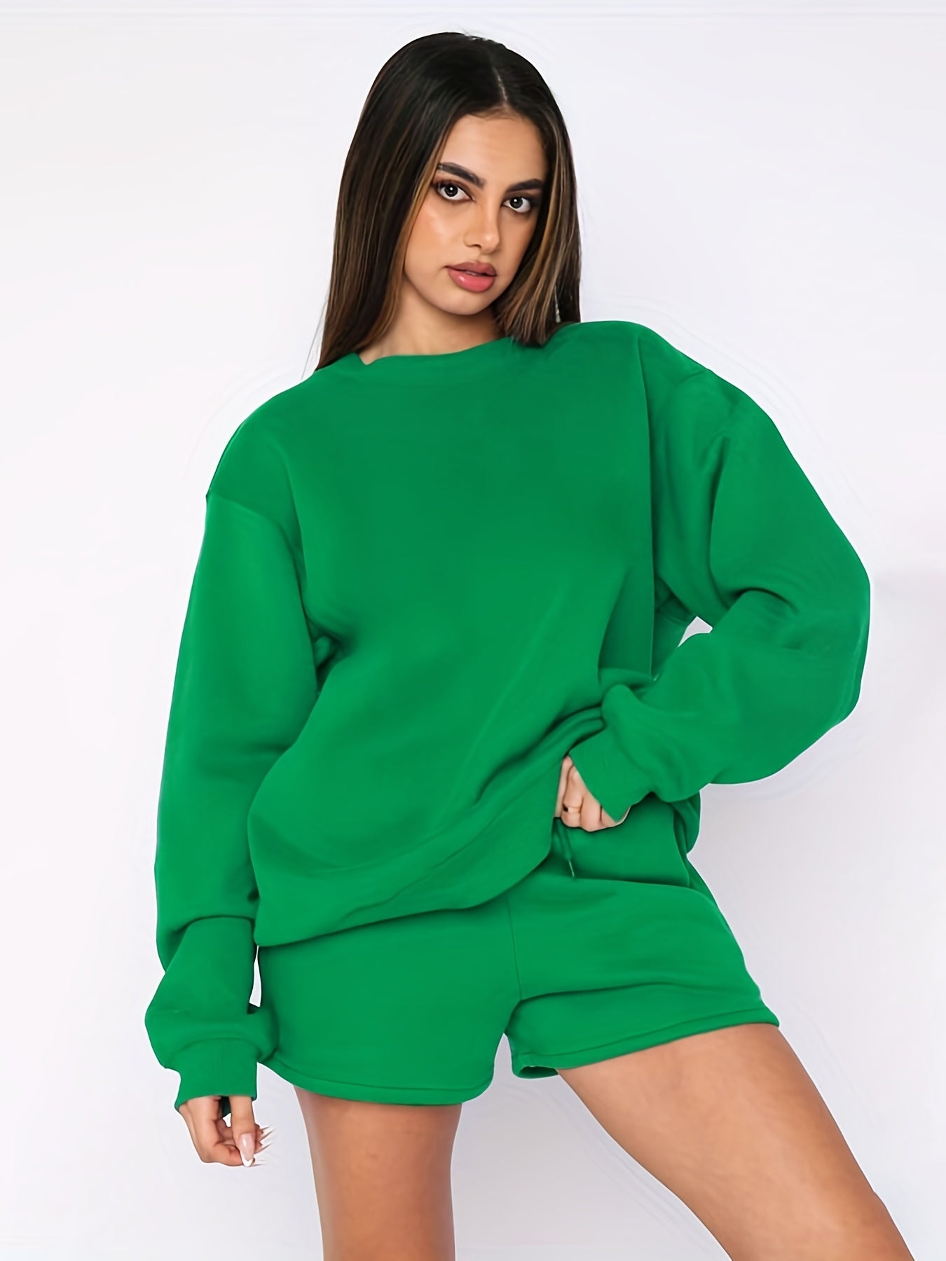 Solid Sweatshirt & Drawstring Shorts Set Women's Outfit