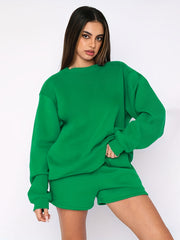 Solid Sweatshirt & Drawstring Shorts Set Women's Outfit