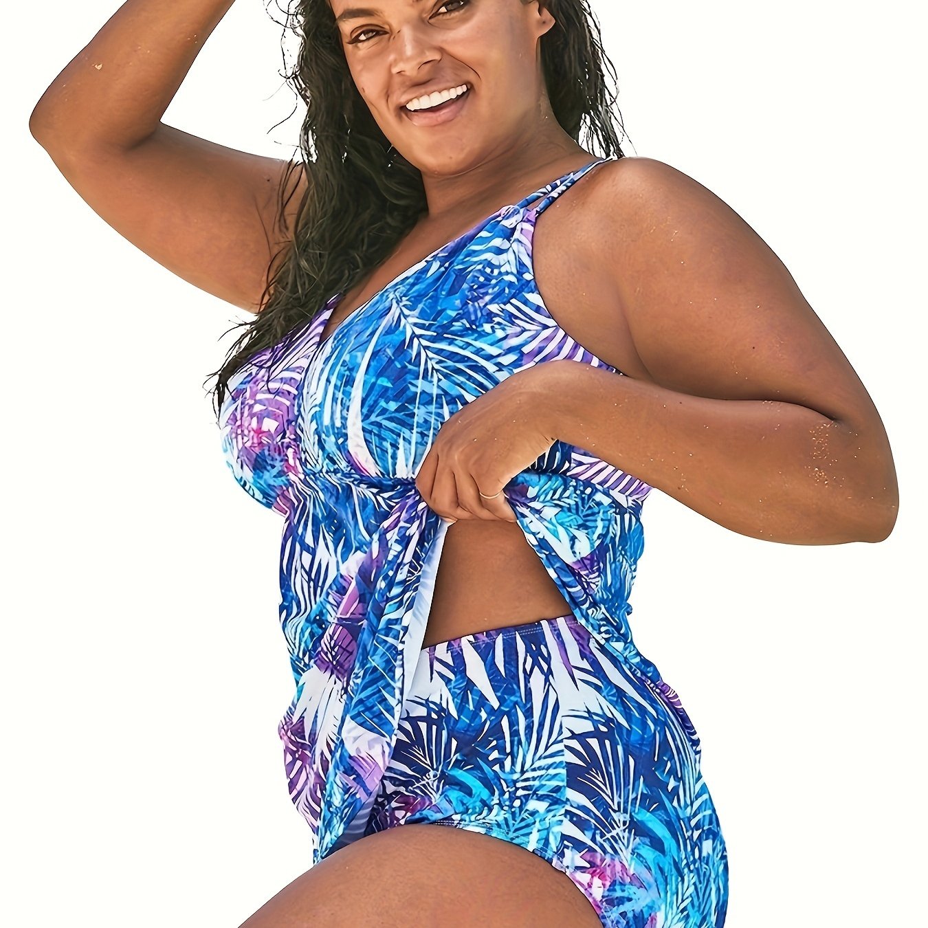  Tropical Print V Neck Tankini Set