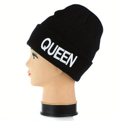 KING QUEEN Embroidery Beanie Solid Couple Knit Hat Elastic Skull Cap